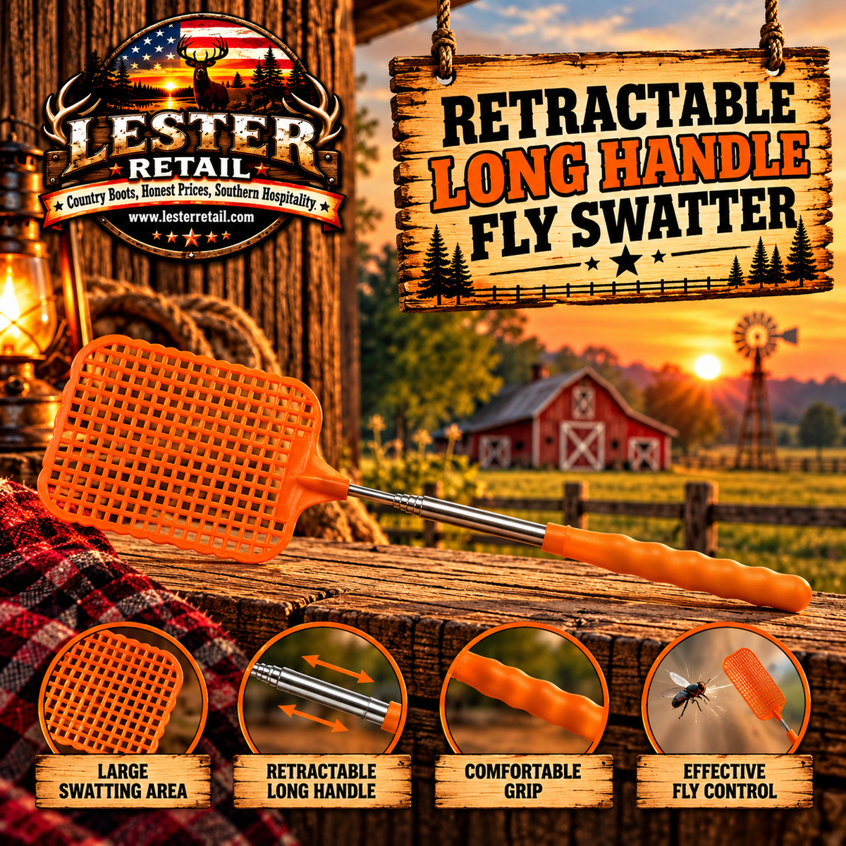 RETRACTABLE LONG HANDLE FLY SWATTER- ORANGE