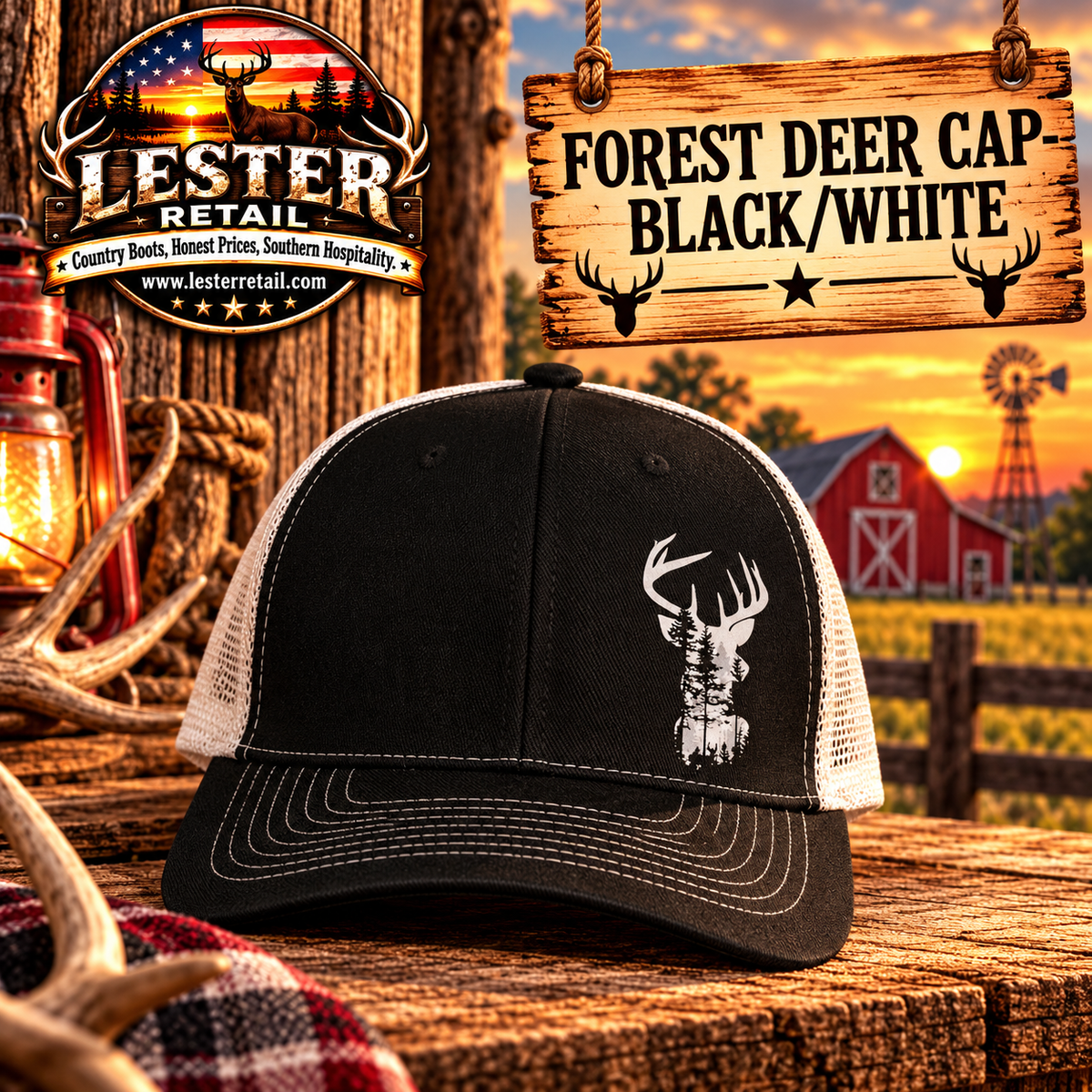 FOREST DEER CAP- BLACK/WHITE