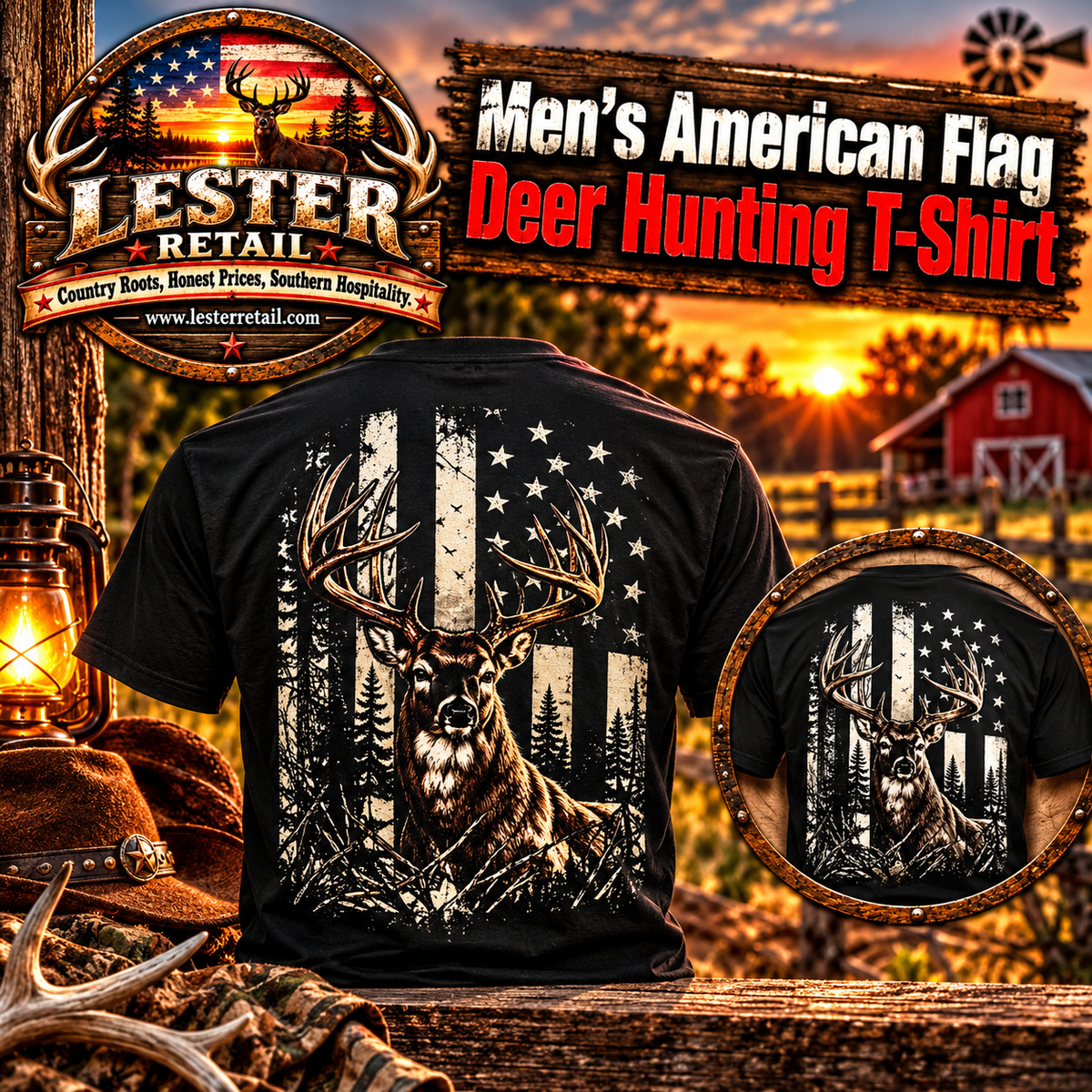 MEN’S AMERICAN FLAG DEER HUNTING T-SHIRT- LARGE