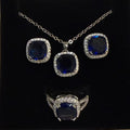 3 PIECE SQUARE BLUE JEWELRY SET WITH SIZE 8 RING