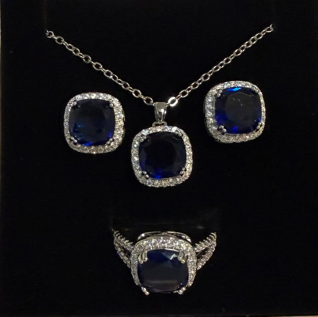 3 PIECE SQUARE BLUE JEWELRY SET WITH SIZE 9 RING